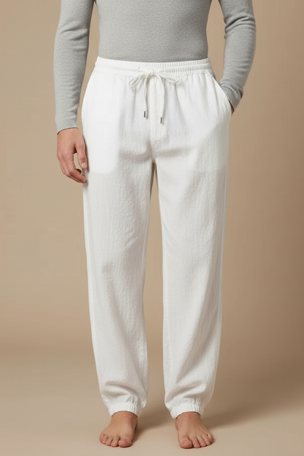 Pantalon Parachute Blanc Coton Lin Ample Décontracté