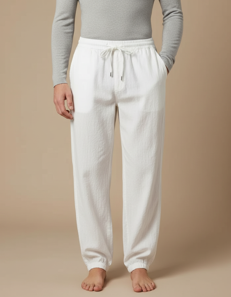 Pantalon Parachute Blanc Coton Lin Ample Décontracté