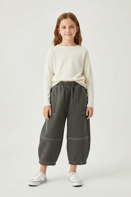 Pantalon Parachute Gris Ample Coton Enfant Décontracté - Kaki Molleton