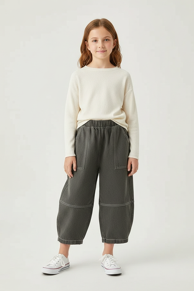 Pantalon Parachute Gris Ample Coton Enfant Décontracté - Kaki Molleton