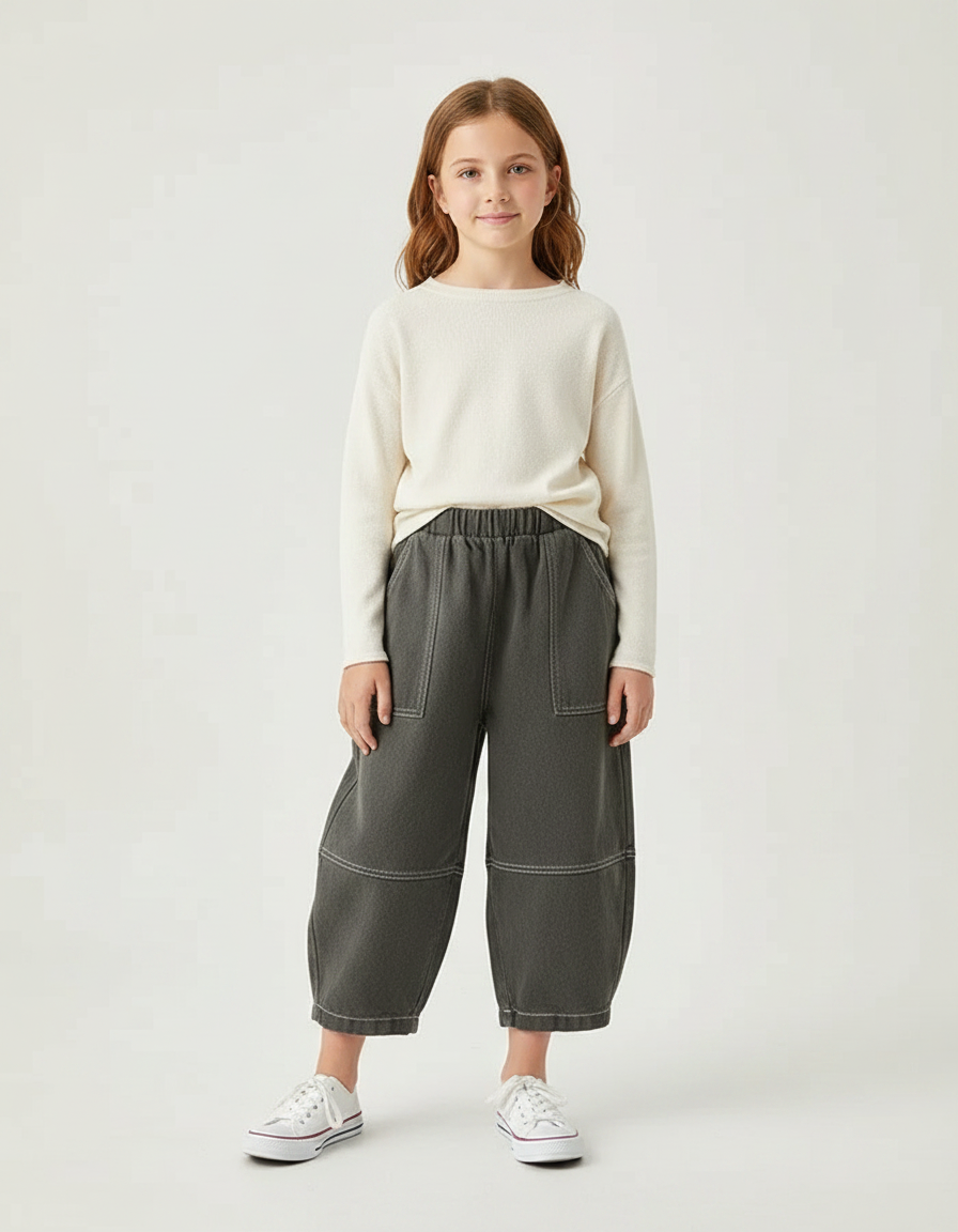 Pantalon Parachute Gris Ample Coton Enfant Décontracté - Kaki Molleton
