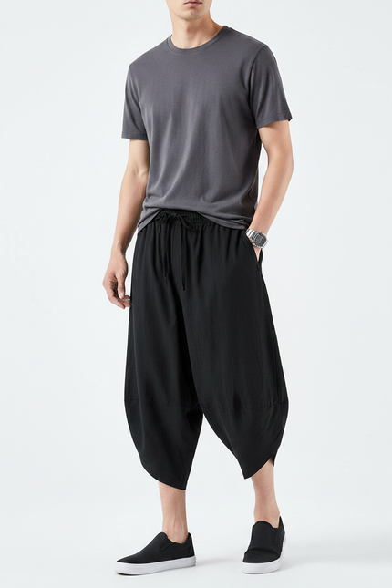 Pantalon Parachute Noir Ample Lin Décontracté Homme