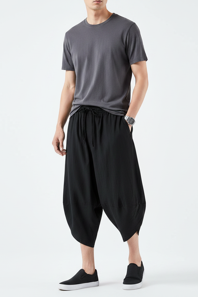 Pantalon Parachute Noir Ample Lin Décontracté Homme