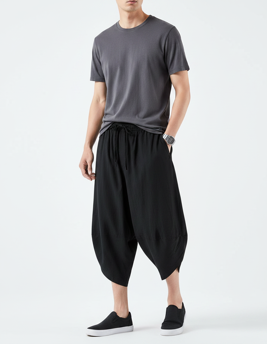 Pantalon Parachute Noir Ample Lin Décontracté Homme