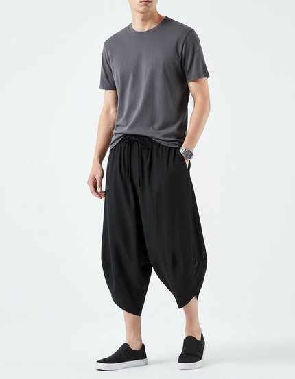 Pantalon Parachute Noir Ample Lin Décontracté Homme