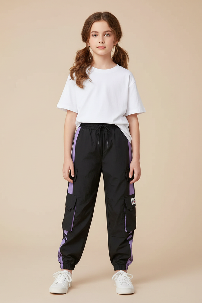 Pantalon Parachute Fille Noir Cargo - Polyester