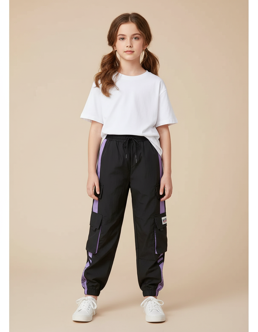 Pantalon Parachute Fille Noir Cargo - Polyester