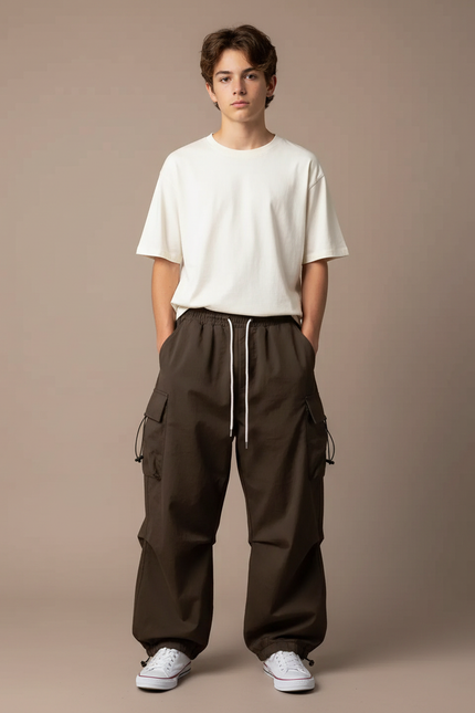 Pantalon Parachute Marron Ample Cargo Décontracté - Polyester