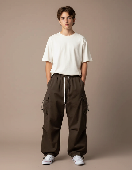 Pantalon Parachute Marron Ample Cargo Décontracté - Polyester