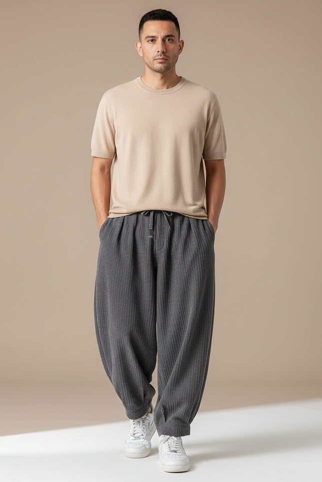 Pantalon Parachute Côtelé Gris Ample Confortable Homme - Cordé