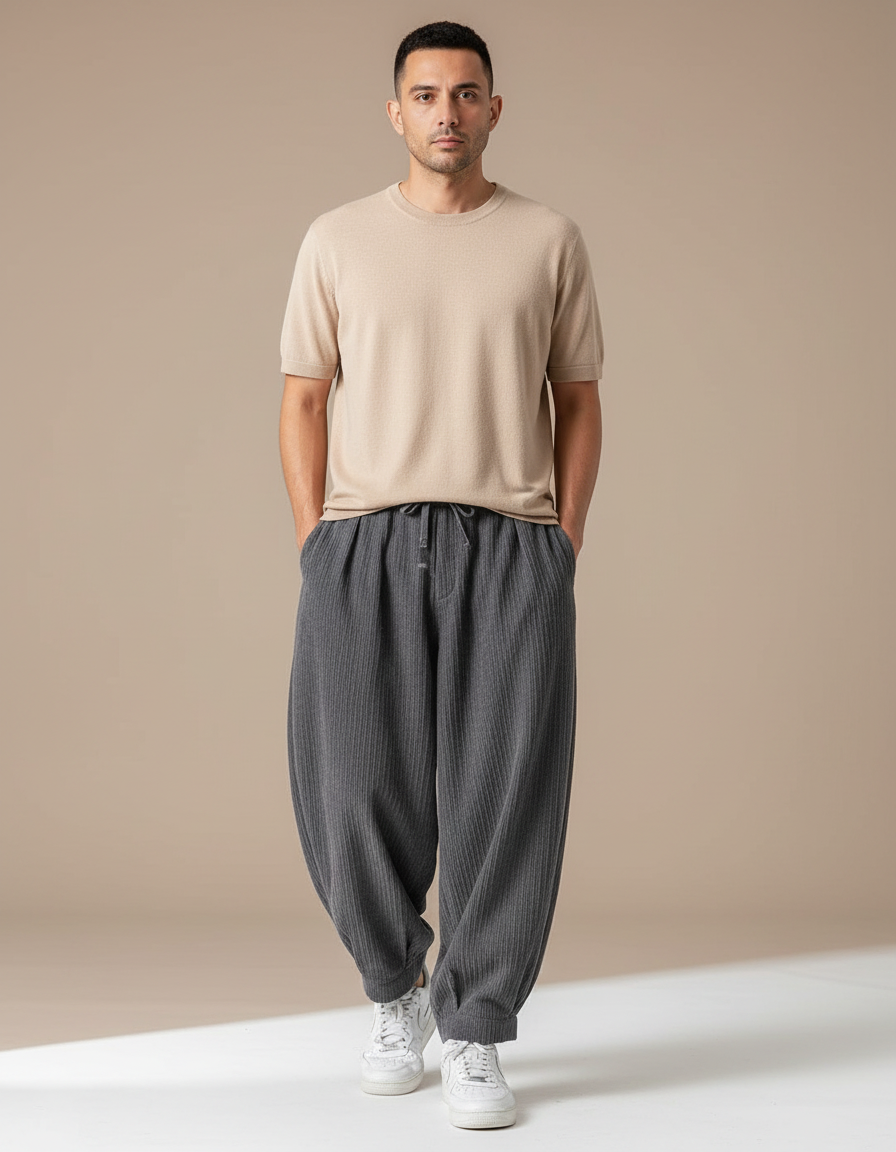 Pantalon Parachute Côtelé Gris Ample Confortable Homme - Cordé