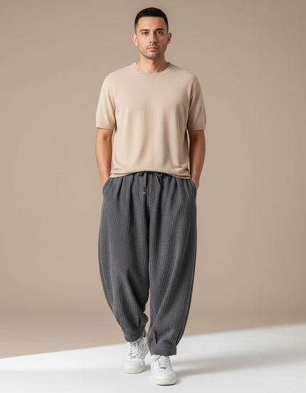 Pantalon Parachute Côtelé Gris Ample Confortable Homme - Cordé