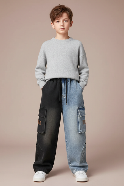 Pantalon Parachute Jean Ample Bicolore Cargo Garçon - Multicolore