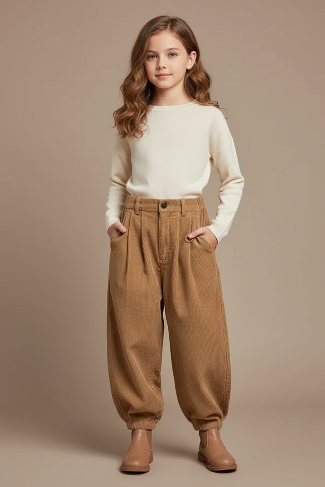 Pantalon Parachute Côtelé Ample Marron Fille Décontracté - Cordé