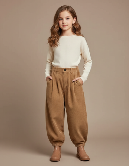 Pantalon Parachute Côtelé Ample Marron Fille Décontracté - Cordé