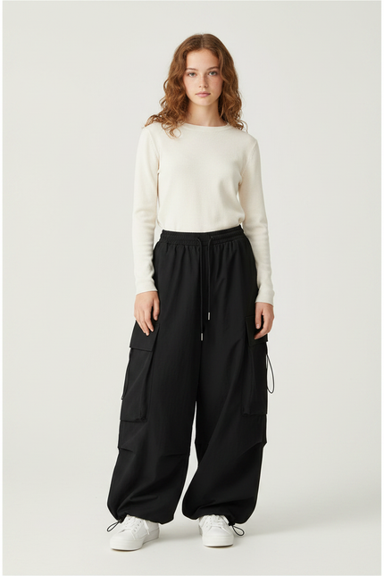 Pantalon Parachute Femme Noir Baggy - Polyester
