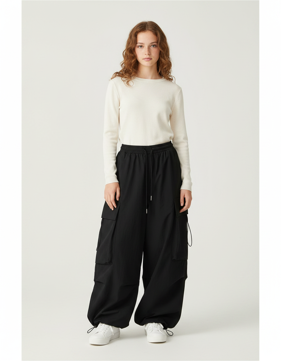 Pantalon Parachute Femme Noir Baggy - Polyester