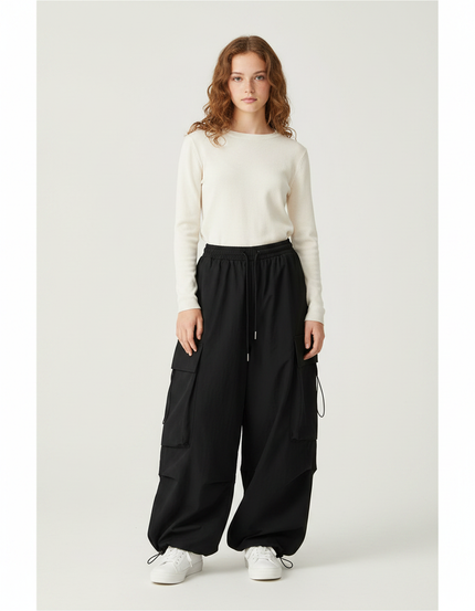 Pantalon Parachute Femme Noir Baggy - Polyester