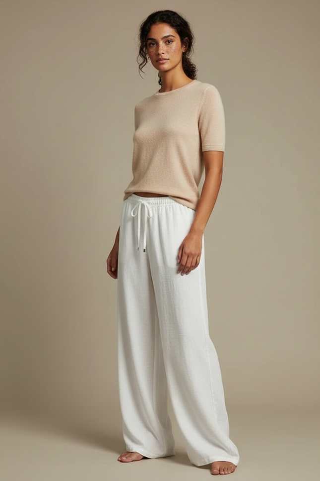 Pantalon Parachute Blanc Ample Fluide Cordon Femme - Lin