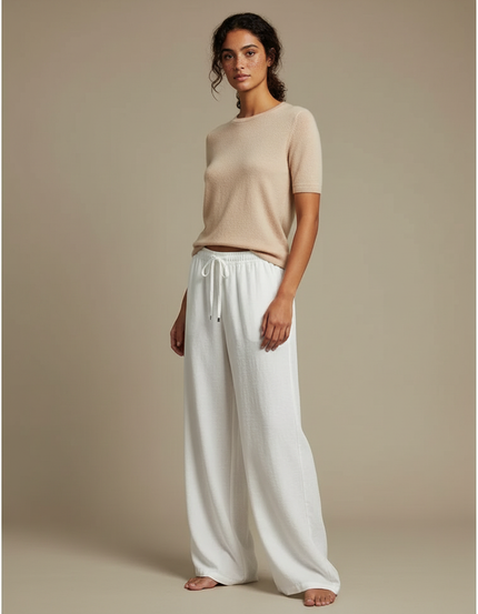 Pantalon Parachute Blanc Ample Fluide Cordon Femme - Lin