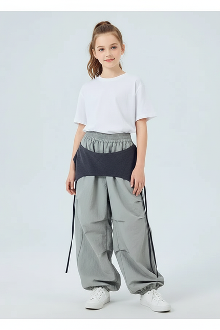 Pantalon Parachute Gris Ample Ceinture Noire Fille - Polyester