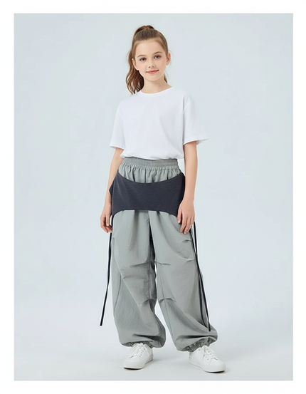 Pantalon Parachute Gris Ample Ceinture Noire Fille - Polyester