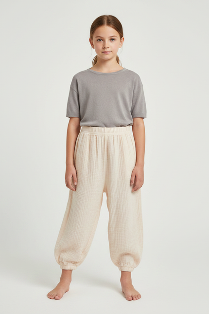 Pantalon Parachute Crème Coton Ample Enfant Fluide - Beige