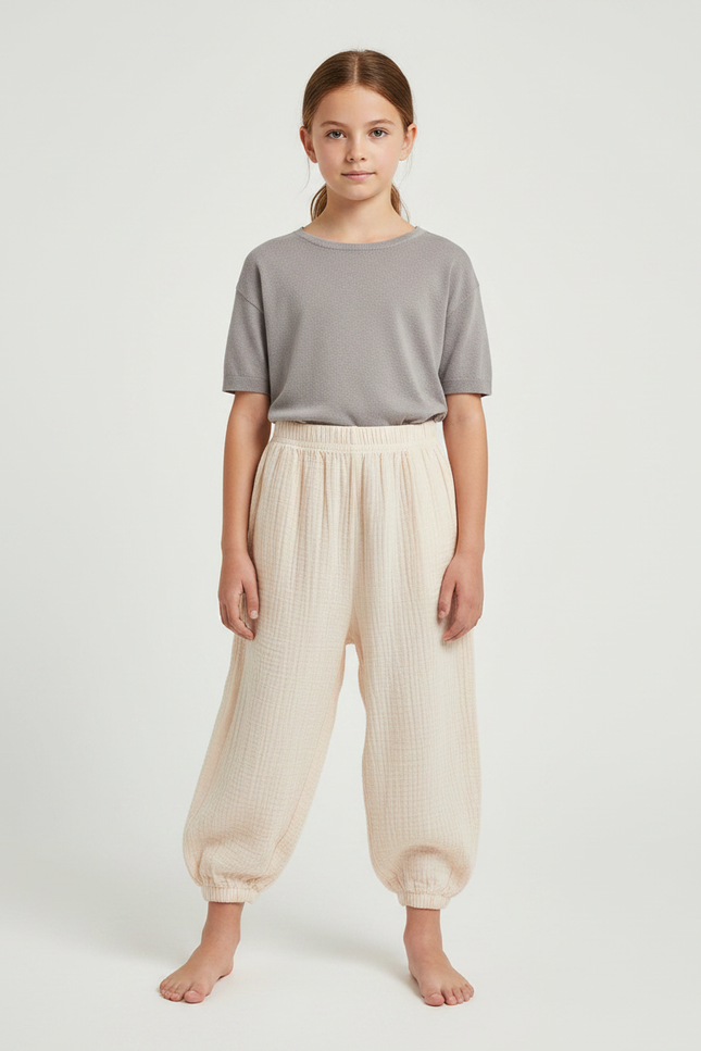 Pantalon Parachute Crème Coton Ample Enfant Fluide - Beige