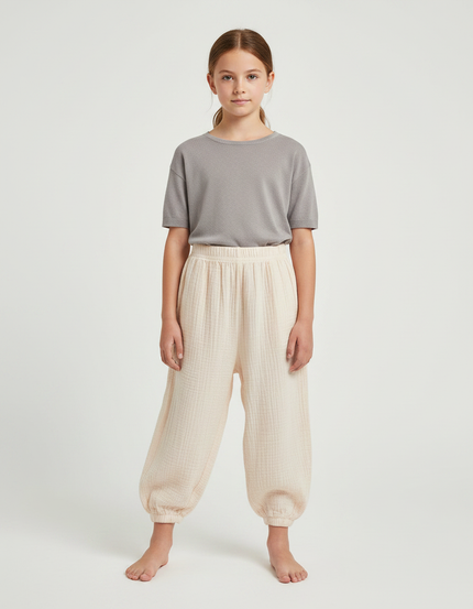 Pantalon Parachute Crème Coton Ample Enfant Fluide - Beige