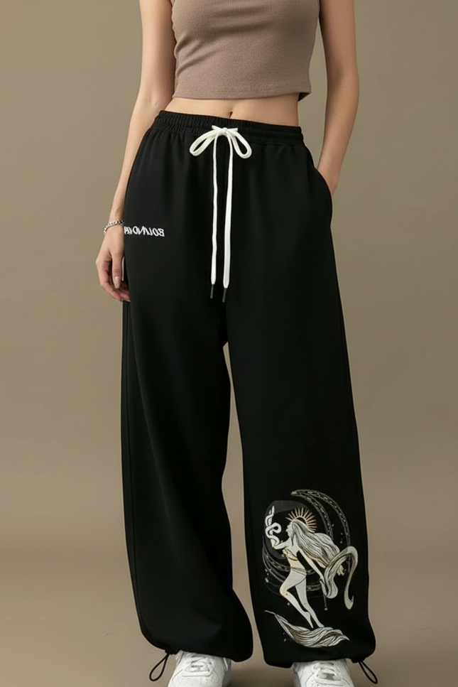 Pantalon Parachute Noir Ample Imprimé Y2K Femme - Molleton