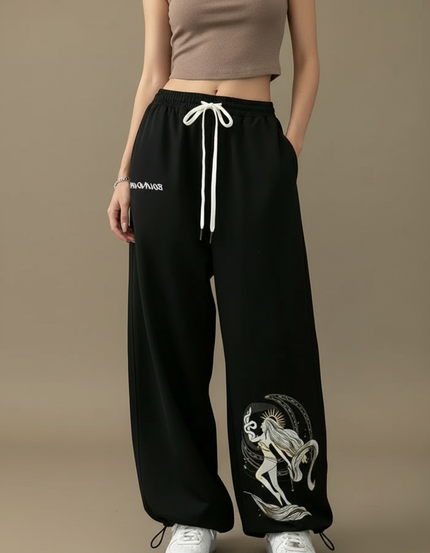 Pantalon Parachute Noir Ample Imprimé Y2K Femme - Molleton