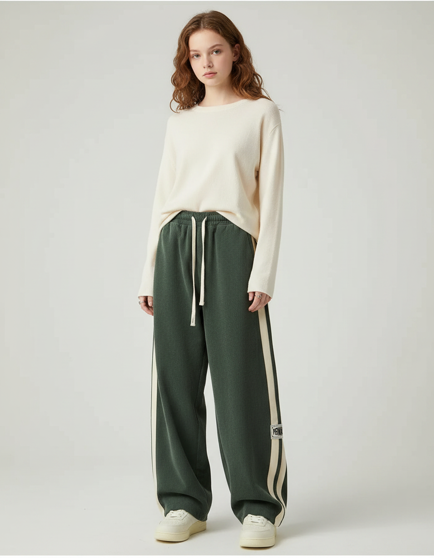 Pantalon Parachute Vert Cordon Large Bandes Crème - Cordé