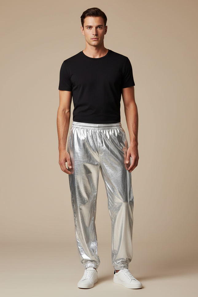 Pantalon Parachute Argenté Métallisé Ample Brillant Homme - Polyester