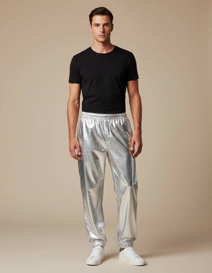 Pantalon Parachute Argenté Métallisé Ample Brillant Homme - Polyester