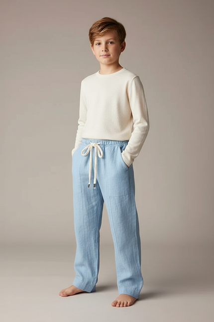 Pantalon Parachute Bleu Ciel Ample Lin Enfant Décontracté Cordon