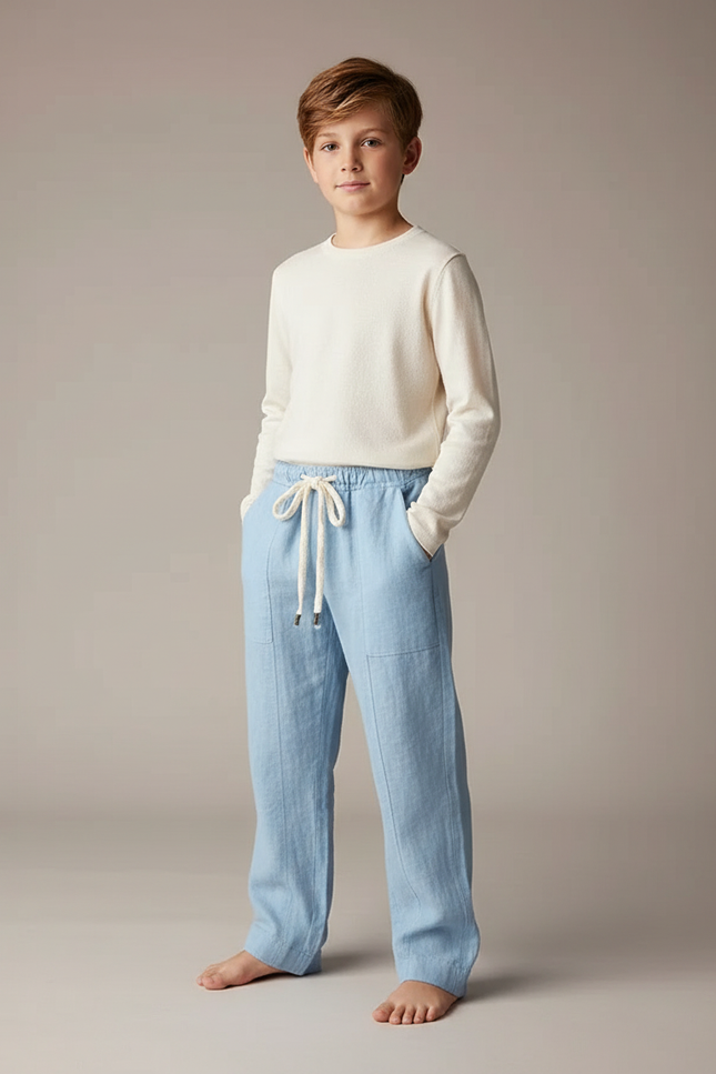Pantalon Parachute Bleu Ciel Ample Lin Enfant Décontracté Cordon