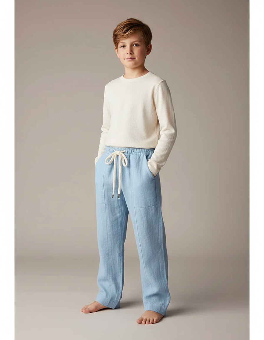 Pantalon Parachute Bleu Ciel Ample Lin Enfant Décontracté Cordon
