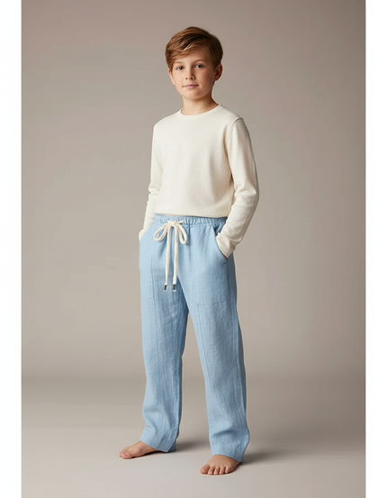 Pantalon Parachute Bleu Ciel Ample Lin Enfant Décontracté Cordon