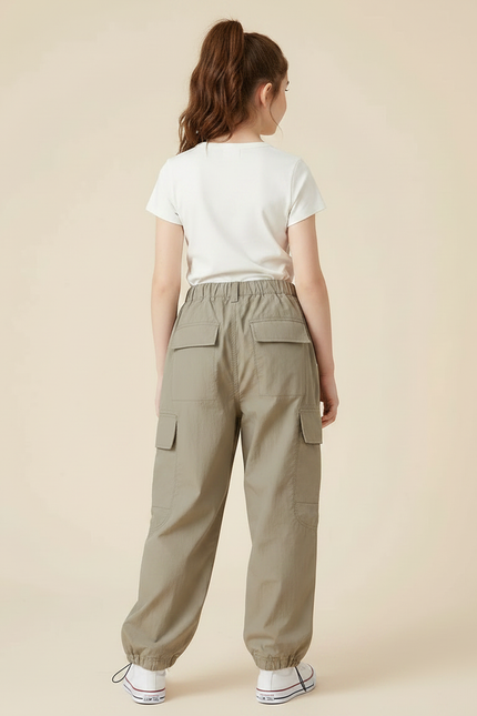 Pantalon Parachute Kaki Cargo Ample Streetwear Enfant - Polyester - vue 2