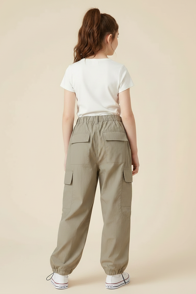Pantalon Parachute Kaki Cargo Ample Streetwear Enfant - Polyester - vue 2