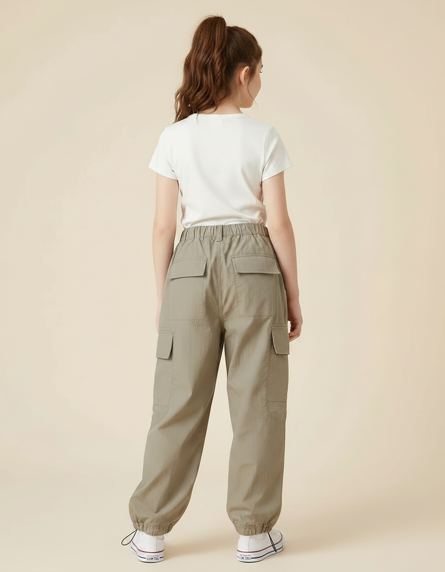 Pantalon Parachute Kaki Cargo Ample Streetwear Enfant - Polyester - vue 2