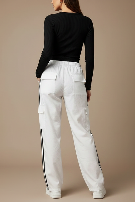 Pantalon Parachute Blanc Cargo Rayures Latérales Ample Femme - Toile - vue 2