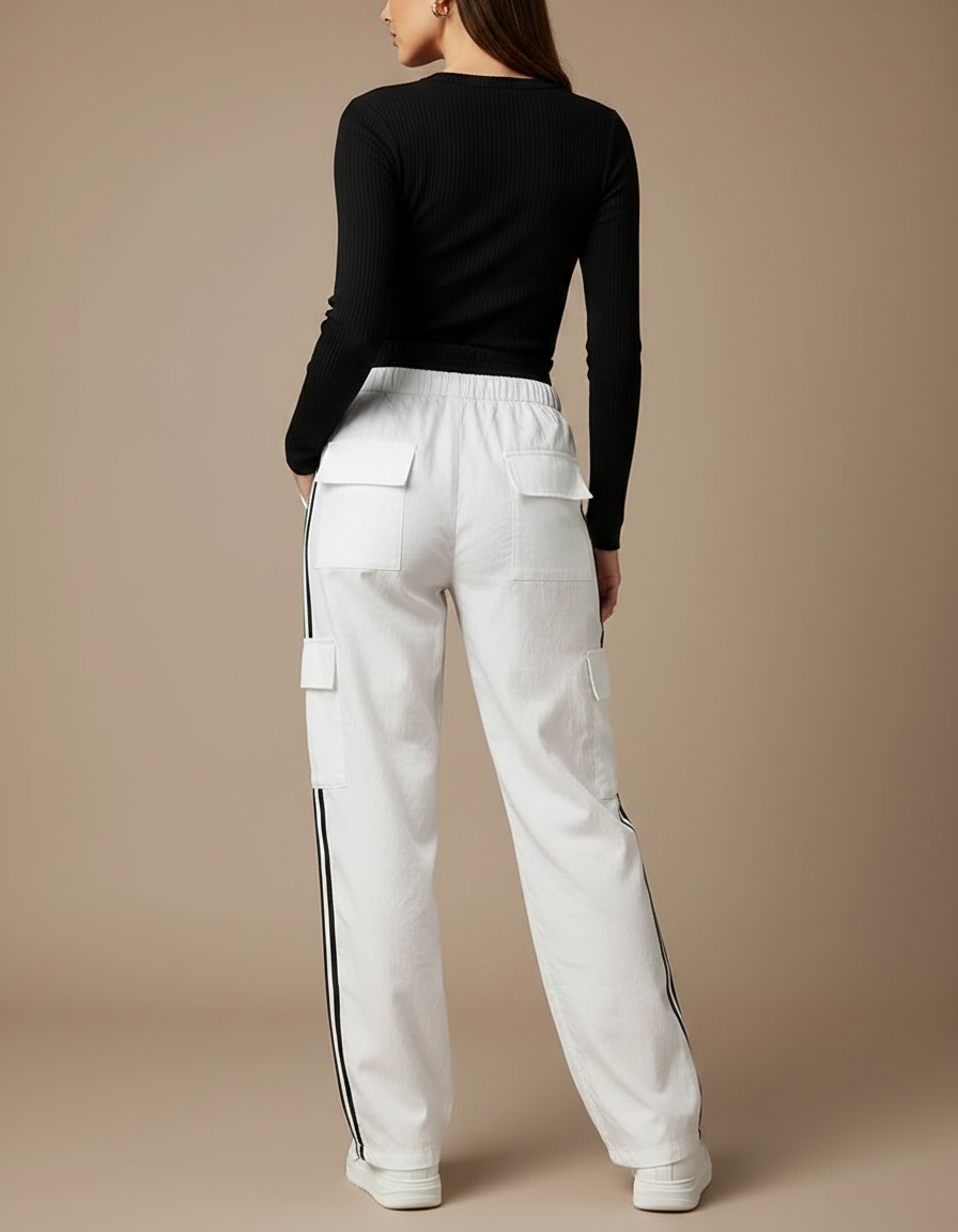 Pantalon Parachute Blanc Cargo Rayures Latérales Ample Femme - Toile - vue 2