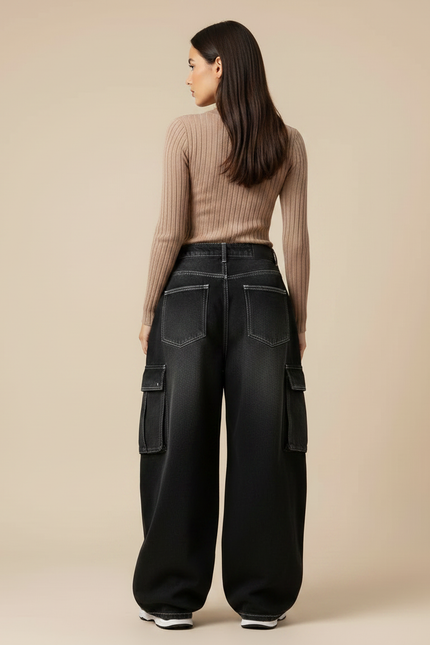 Pantalon Parachute Noir Délavé Ample Cargo Denim Femme - Jean - vue 2