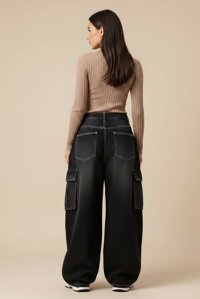 Pantalon Parachute Noir Délavé Ample Cargo Denim Femme - Jean - vue 2