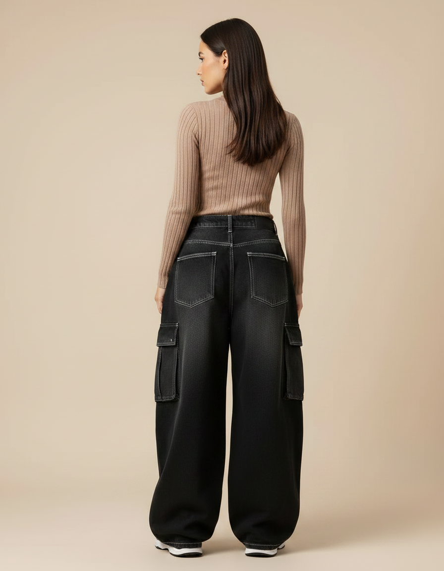 Pantalon Parachute Noir Délavé Ample Cargo Denim Femme - Jean - vue 2