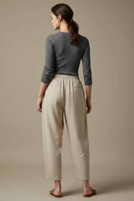 Pantalon Parachute Beige Lin Ample Taille Haute - vue 2