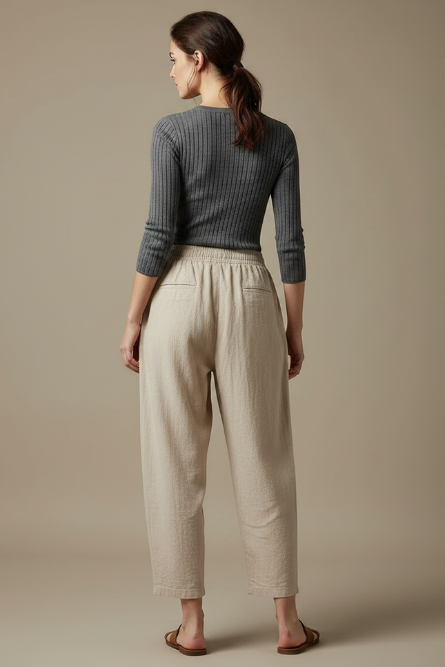 Pantalon Parachute Beige Lin Ample Taille Haute - vue 2