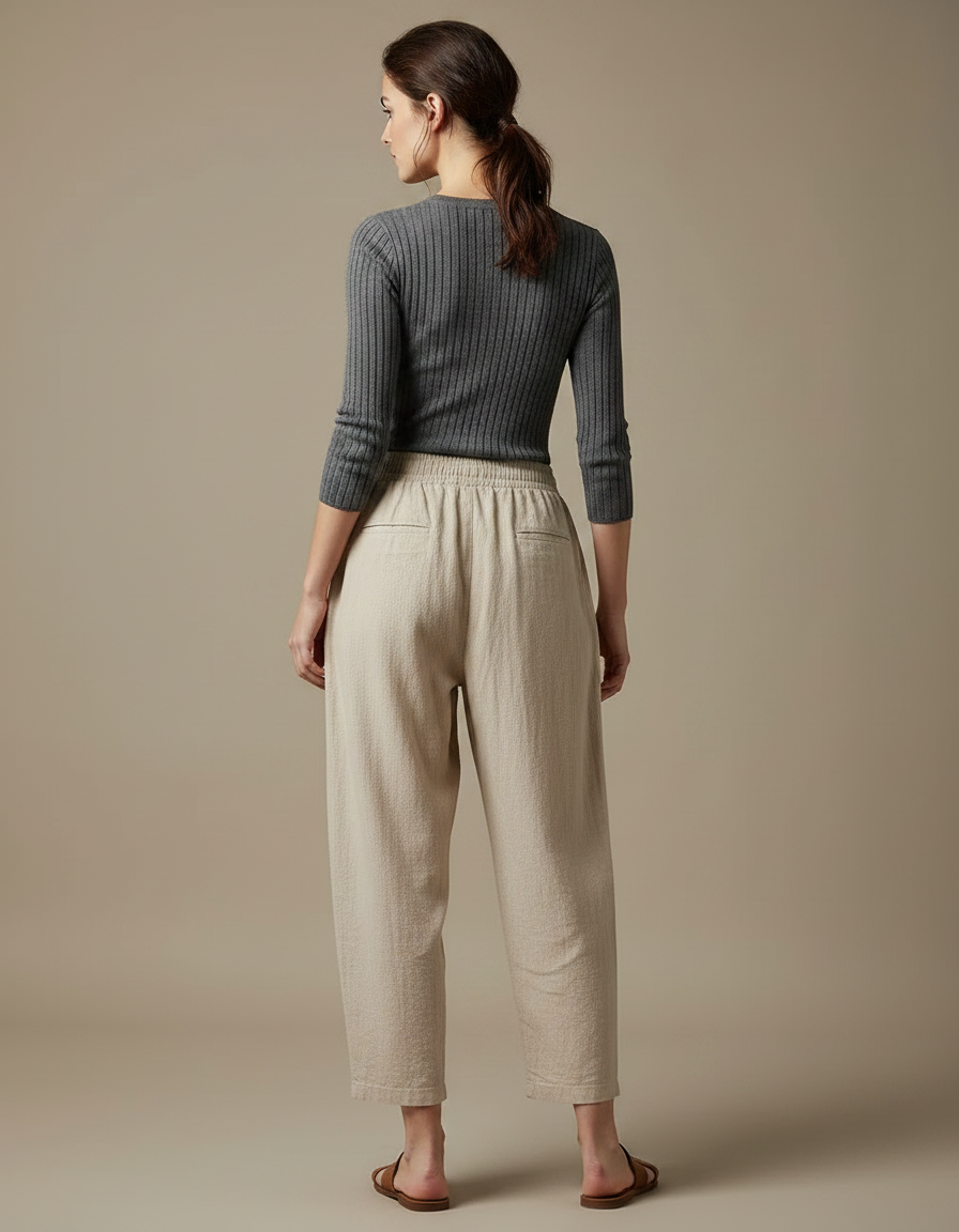 Pantalon Parachute Beige Lin Ample Taille Haute - vue 2