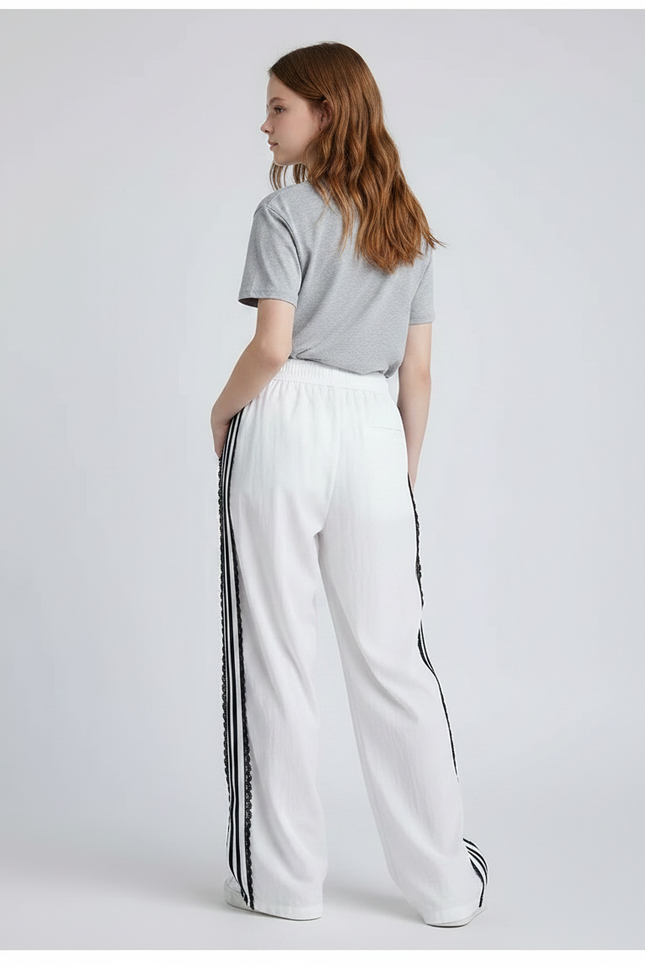 Pantalon Parachute Blanc Large Rayures Noires Fille - Polyester - vue 2